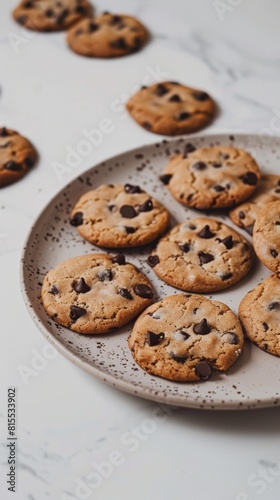 Delicious chocolate chip cookies arranged on a white plate