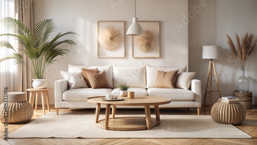 minimalist Boho interior design of modern living room, home. Round wooden coffee table against white sofa with beige pillows. Poster on the white wall.
