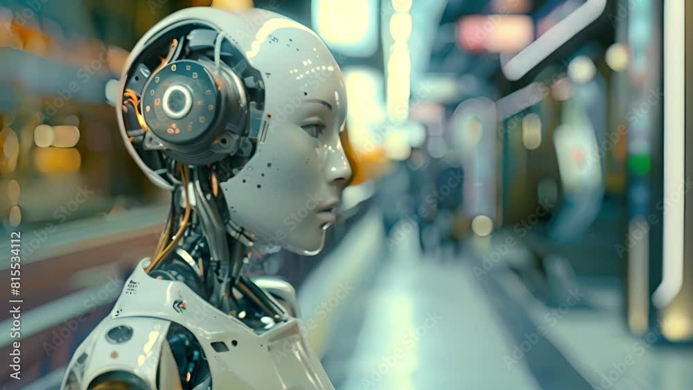 AI Artificial Intelligence Robot Head with digital graphic Brain Engine in modern city. 4k video Futuristic technology concept design cyber background AI Artificial Intelligence Robot Head with digital graphic Brain Engine in modern city. 4k video Futuristic technology concept design cyber background