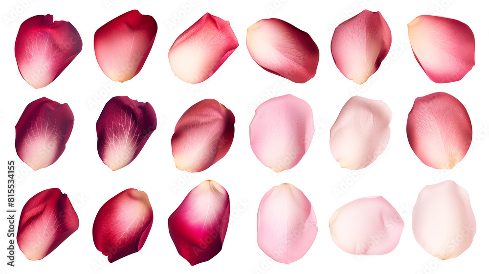 Set of rose petals in various shades from soft pink to deep red, showcasing texture and natural gradient Set of rose petals in various shades from soft pink to deep red, showcasing texture and natural gradient