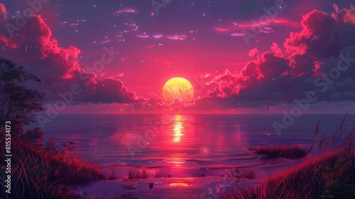 Stunning cartoon artwork captures the stunning beauty of a landscape at dawn or dusk Picture a stunning scene with the sun rising or setting over the ocean painting the sky with colors