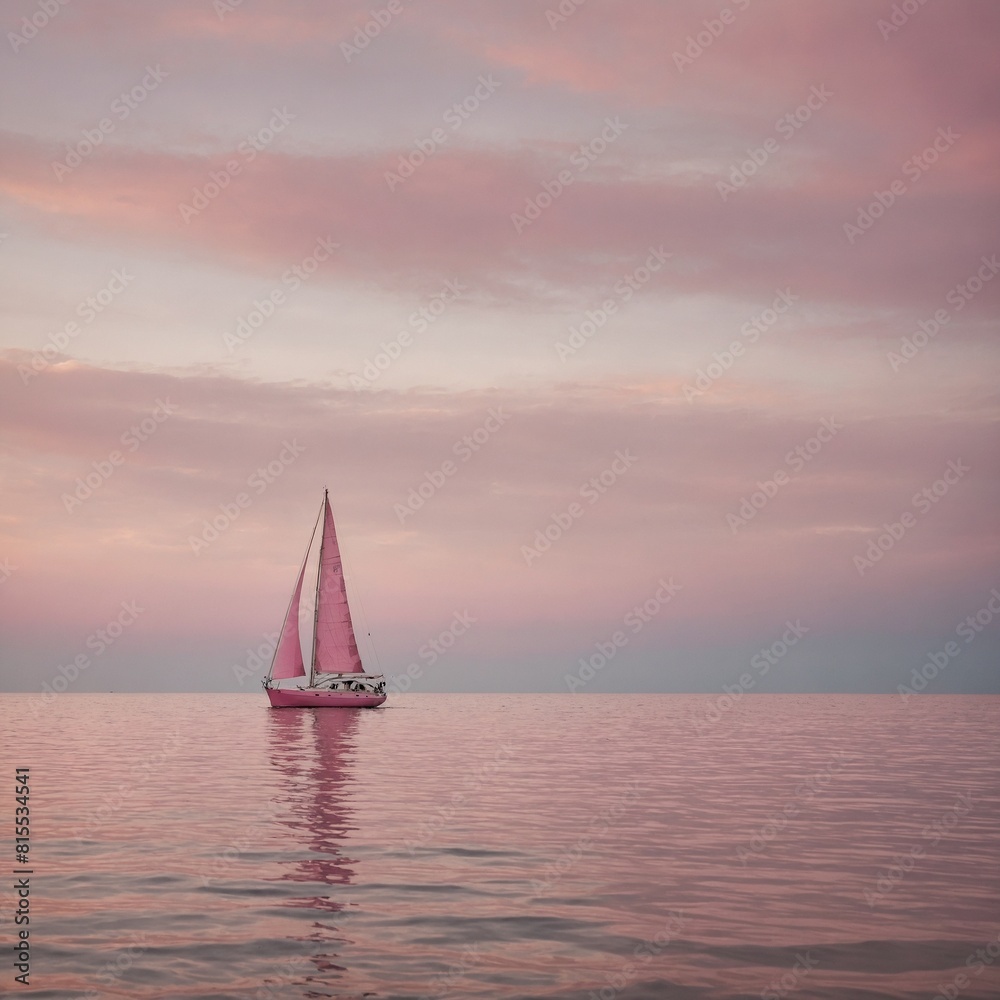 A whimsical pink sailboat drifting across a calm pink sea.


