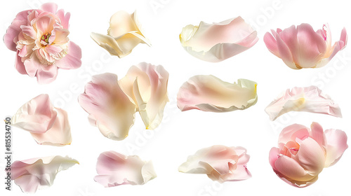 Set of peony petals in pastel shades of pink and cream, showcasing their soft, ruffled edges