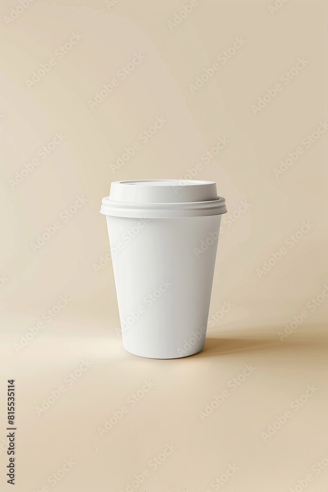 A pristine white paper cup sits elegantly on a soft beige background