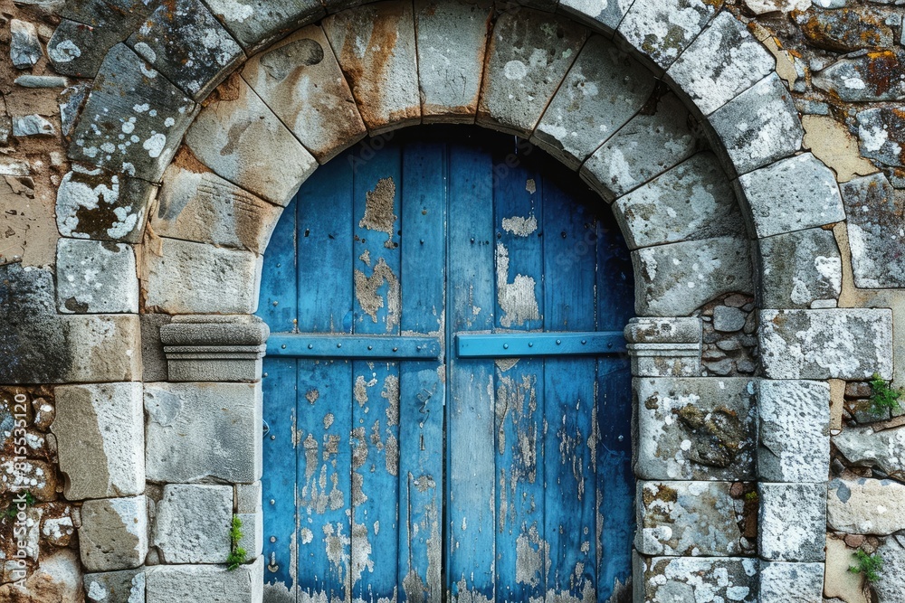 Stone Wall Featuring Arch and Blue Metals Door