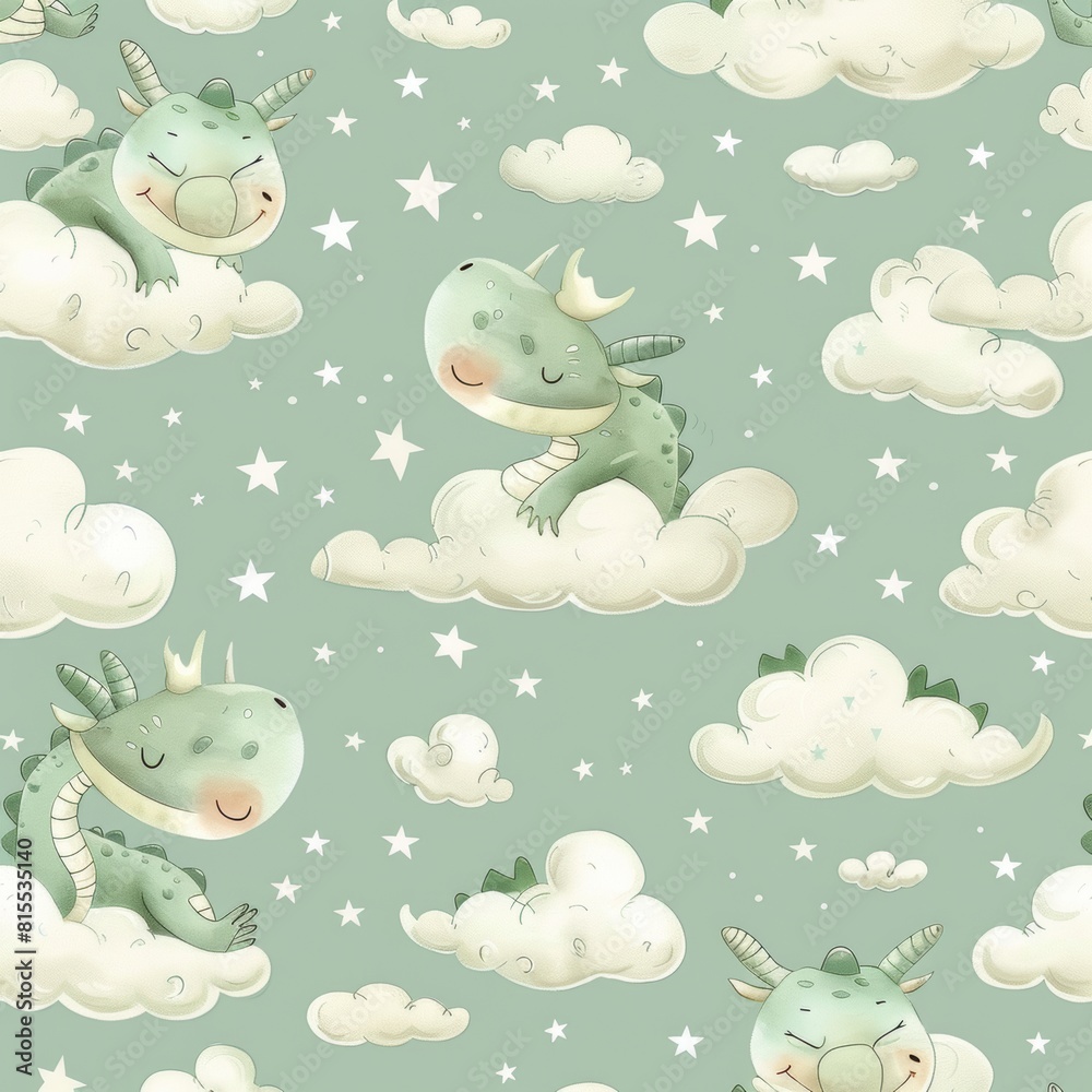 Fototapeta premium Seamless pattern of tiny dragons in peaceful slumber among soft clouds, rendered on a birthday green background for charming baby fabric designs