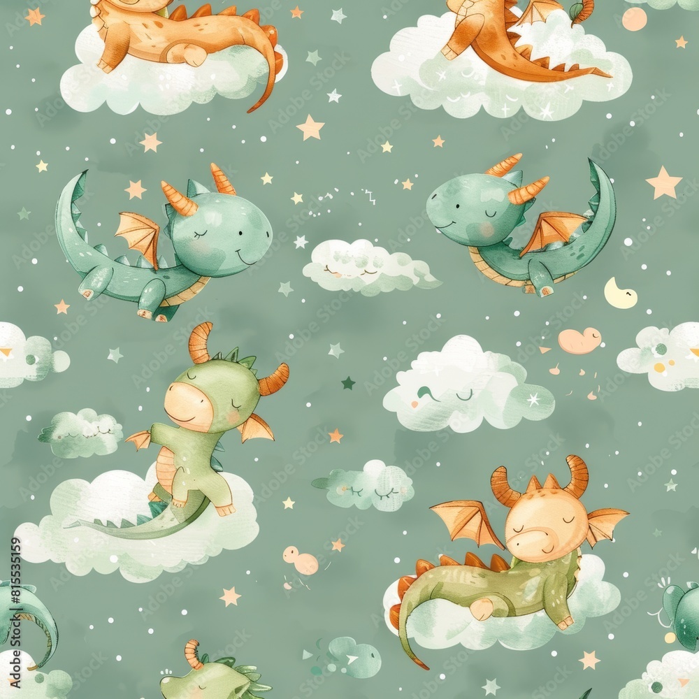 Naklejka premium Seamless pattern of tiny dragons in peaceful slumber among soft clouds, rendered on a birthday green background for charming baby fabric designs