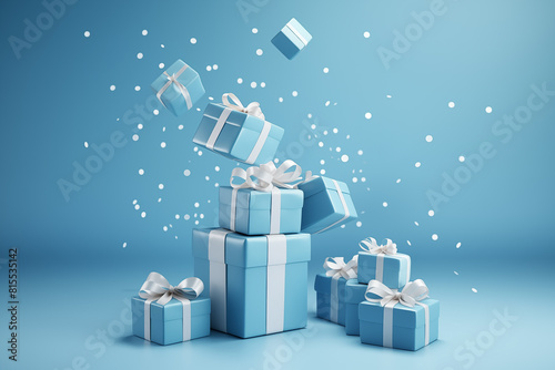 Levitation of blue gift boxes with bow.