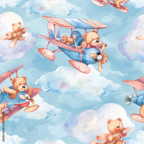 Seamless pattern with playful teddy bears in colorful biplanes soaring across a sky filled with soft, billowy clouds in watercolor