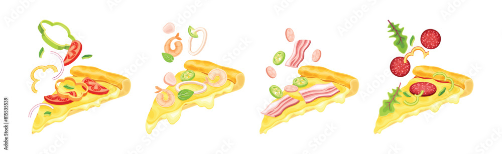 Tasty Pizza Slice Cut Float with Topping Vector Set Tasty Pizza Slice Cut Float with Topping Vector Set