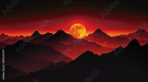 Surreal Moonrise Over Dark Mountains Under a Dramatic Red Sky  Captivating Night  Generative AI