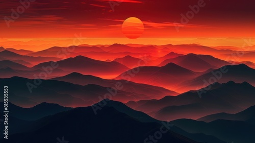 Surreal Moonrise Over Dark Mountains Under a Dramatic Red Sky, Captivating Night, Generative AI