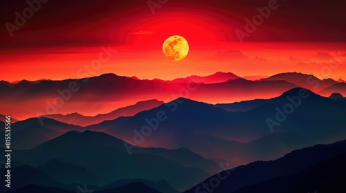 Surreal Moonrise Over Dark Mountains Under a Dramatic Red Sky, Captivating Night, Generative AI © Gelpi