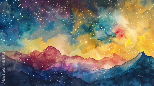 Vibrant Watercolor Sky with Stars Over Silhouetted Mountains, A Dreamy Night Vision, Generative AI © Gelpi