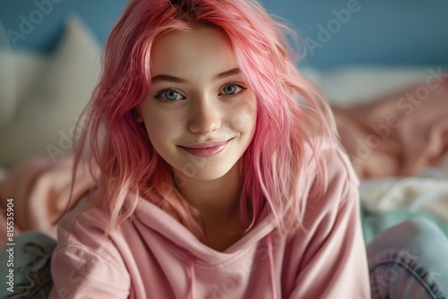 Smiling Hipster Teen Girl with Pink Hair and Trendy Attire