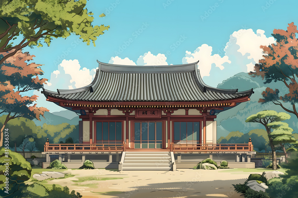 An illustration of the exterior of a traditional japanese dojo An illustration of the exterior of a traditional japanese dojo