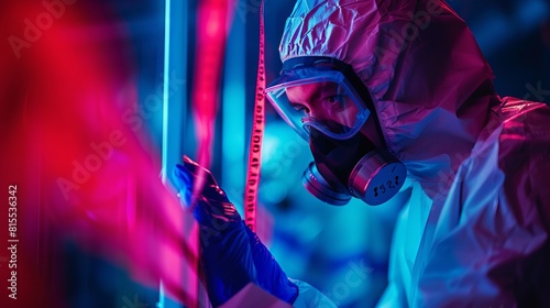 Intense image of a scientist in full protective gear, meticulously analyzing samples in a laboratory illuminated by vivid neon lights. photo