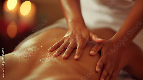 Professional photo of hands performing a back massage, focused detailing, under bright ambient lighting, with copy space