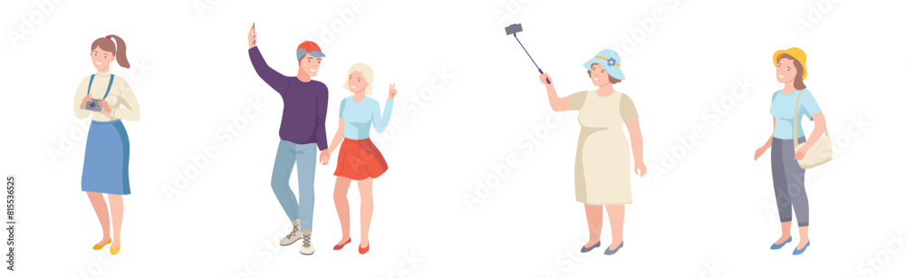 People Tourist Character on Excursion Go Sightseeing and Take Photos Vector Set People Tourist Character on Excursion Go Sightseeing and Take Photos Vector Set