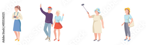 People Tourist Character on Excursion Go Sightseeing and Take Photos Vector Set
