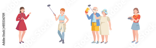 People Tourist Character on Excursion Go Sightseeing and Take Photos Vector Set