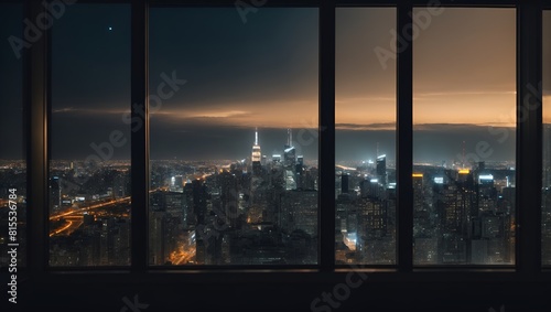 A panoramic shot of a city skyline at night through a window - Generative AI 