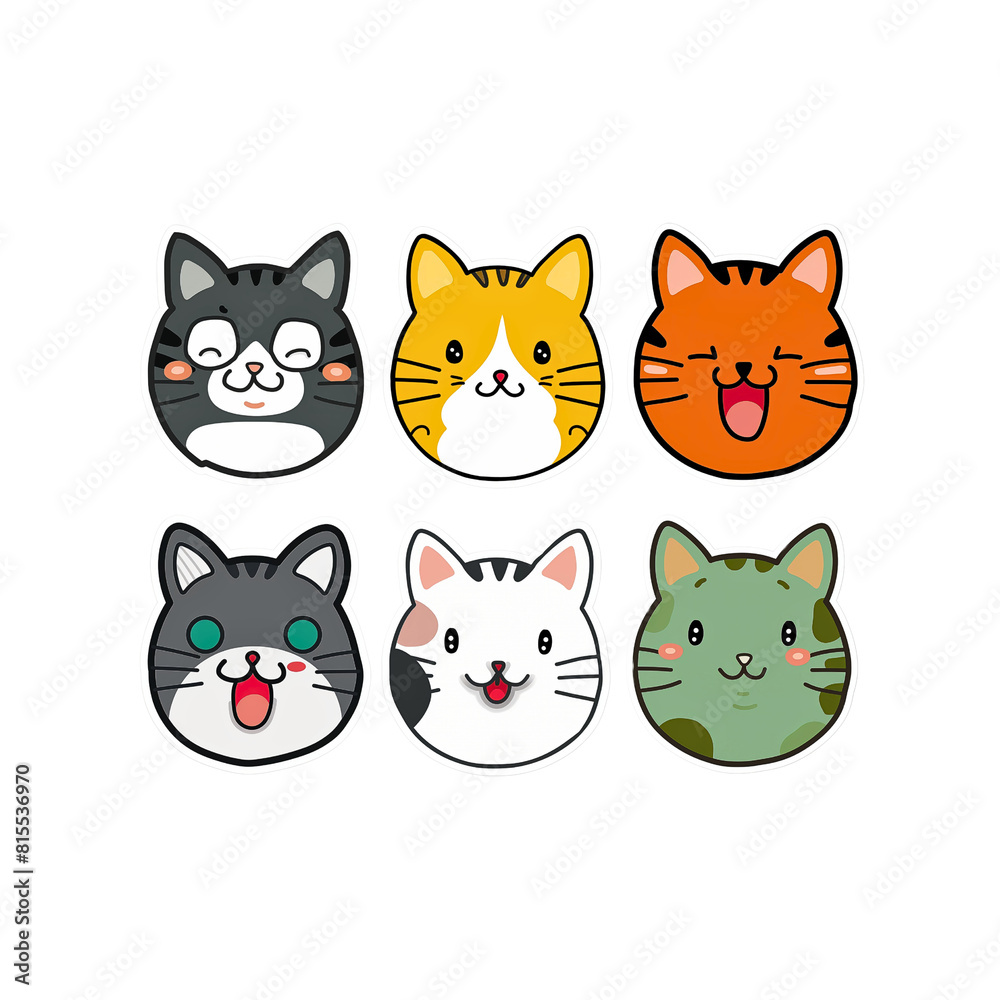 A set sticker cartoon of six cat faces with different colors and expressions. The cats are smiling and seem to be happy on transparent background. generative ai illustration.