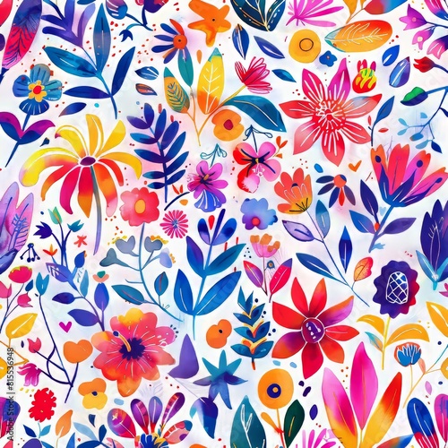 Vibrant watercolor pattern with stylized flowers and abstract environmental motifs, perfect for eco-conscious fabric designs