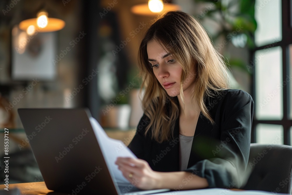 business woman working with documents in a home office. business woman working with documents in a home office.
