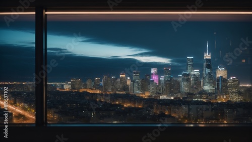 A panoramic shot of a city skyline at night through a window - Generative AI © Nature Creative