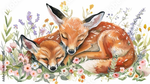 Serene watercolor illustration of a baby deer and fox together, nestled in a bed of wildflowers, symbolizing friendship and harmony in nature