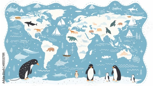 Skandi vector illustration of a world map, showcasing elephants in India and penguins in Antarctica, ideal for educational kids' decor photo