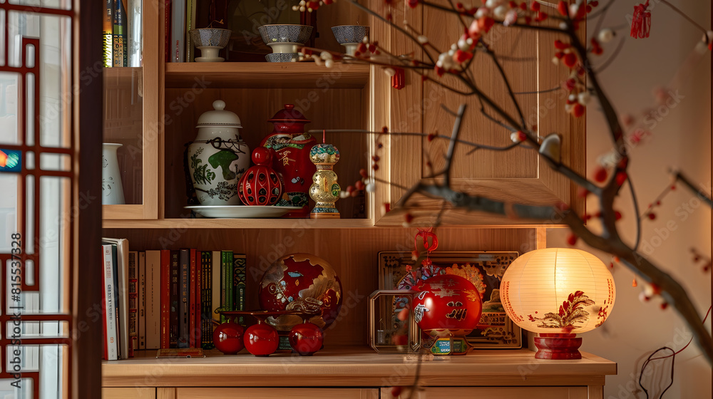 Wooden cabinet with decorations for Chinese New Year celebration in living room : Generative AI Wooden cabinet with decorations for Chinese New Year celebration in living room : Generative AI