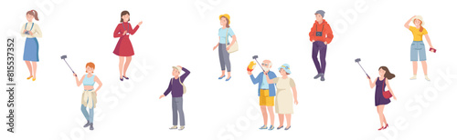 People Tourist Character on Excursion Go Sightseeing and Take Photos Vector Set