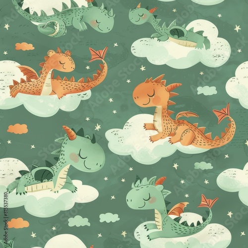 Textile design with adorable newborn dragons curled up on clouds  hand-drawn elements on an isolated green background  ideal for eco-friendly wrapping paper