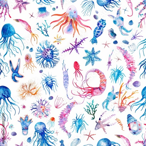 Vibrant and educational watercolor pattern featuring a variety of sea plankton species  designed seamlessly for fabric printing on an isolated background