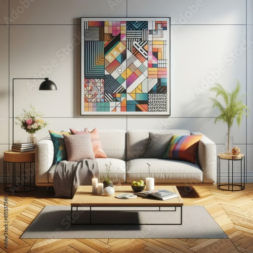 A living room with a template mockup poster empty white and with a couch and a painting on the wall image realistic photo photo. photo