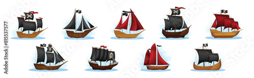Pirate Ships with Black and Red Sails Vector Set