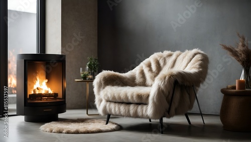 Accent chair with fur throw against concrete wall with fireplace. Loft home interior design of modern living room.