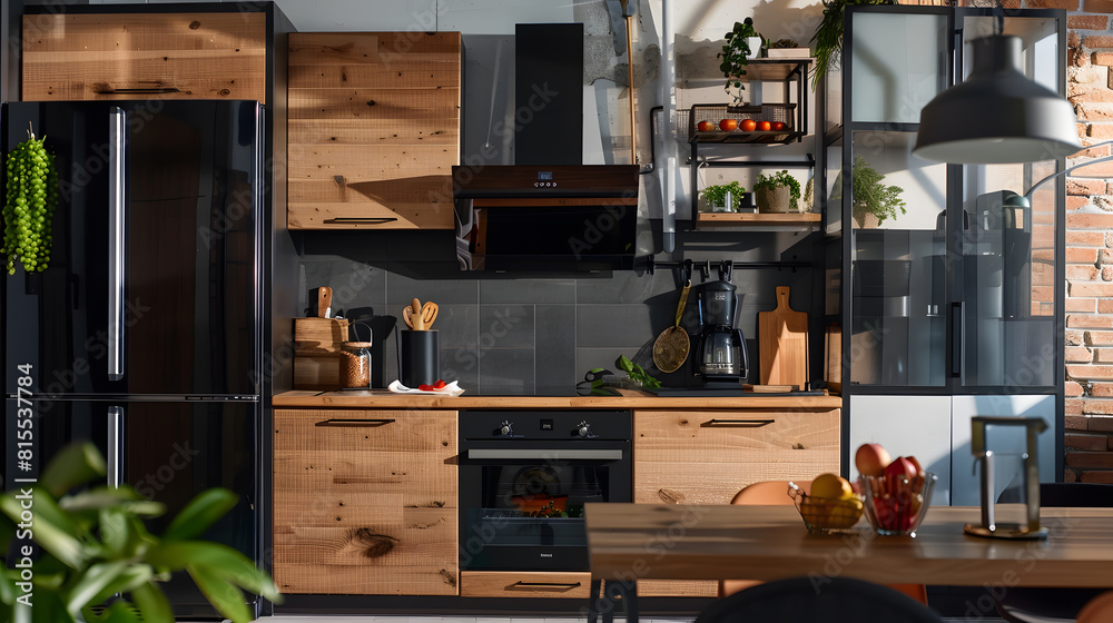 Modern and small kitchen with wooden cupboard and countertop and black furniture oven sink and fridge : Generative AI Modern and small kitchen with wooden cupboard and countertop and black furniture oven sink and fridge : Generative AI