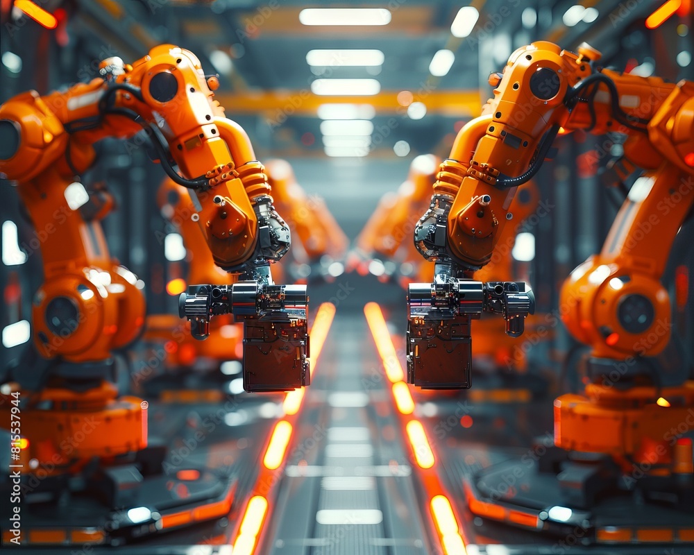 The image shows a part of automated production line with robotic arms. The image shows a part of automated production line with robotic arms.