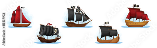 Pirate Ships with Black and Red Sails Vector Set