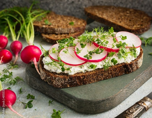 Dunkles Vollkornbrot mit grünem Kräuterquark, Gartenkresse und Radieschenscheiben belegt 
