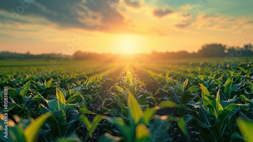 The photo shows a beautiful landscape of a green field with young plants growing in the foreground  with the sun rising in the background.
