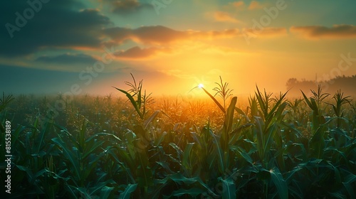 The photo shows a beautiful landscape of a corn field with the sun rising in the background