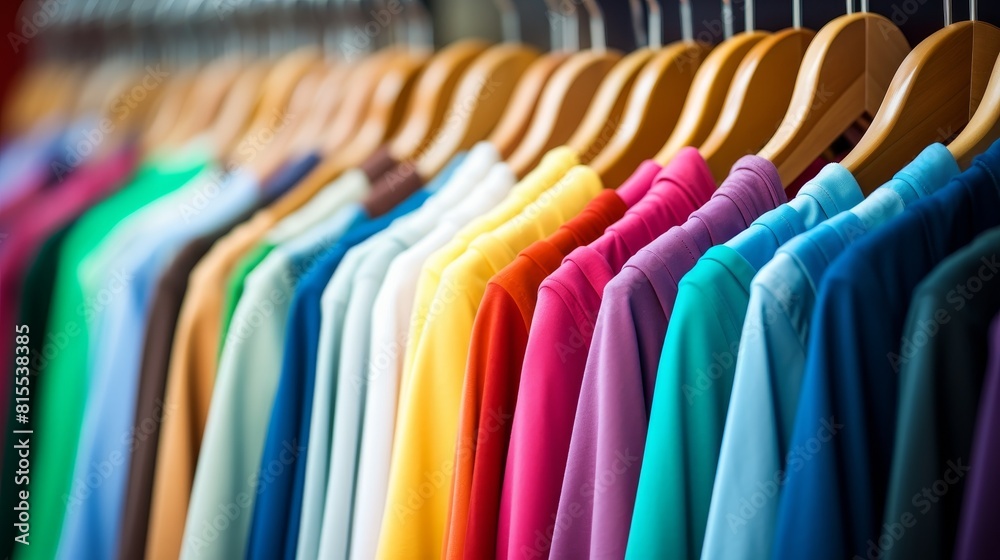 T-shirts of different colors hanging on a hanger in a store close-up