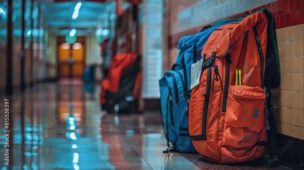 Obraz premium Colorful Backpacks in School Hallway