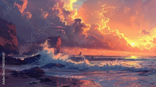 A picturesque painting capturing the sunset over the ocean  with vibrant colors reflecting on the water and a beautiful sky filled with cumulus clouds AIG50