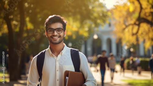 Portrait of an Indian student guy smiling on the background of the university. photo