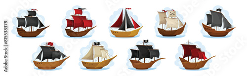 Pirate Ships with Black and Red Sails Vector Set